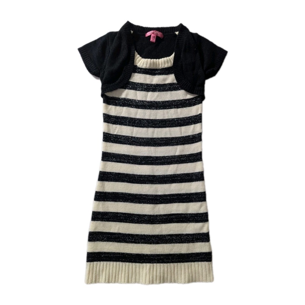 Cherry Stix Girls M Black White Striped Sweater Dress Short Sleeve Knit Sparkle‎